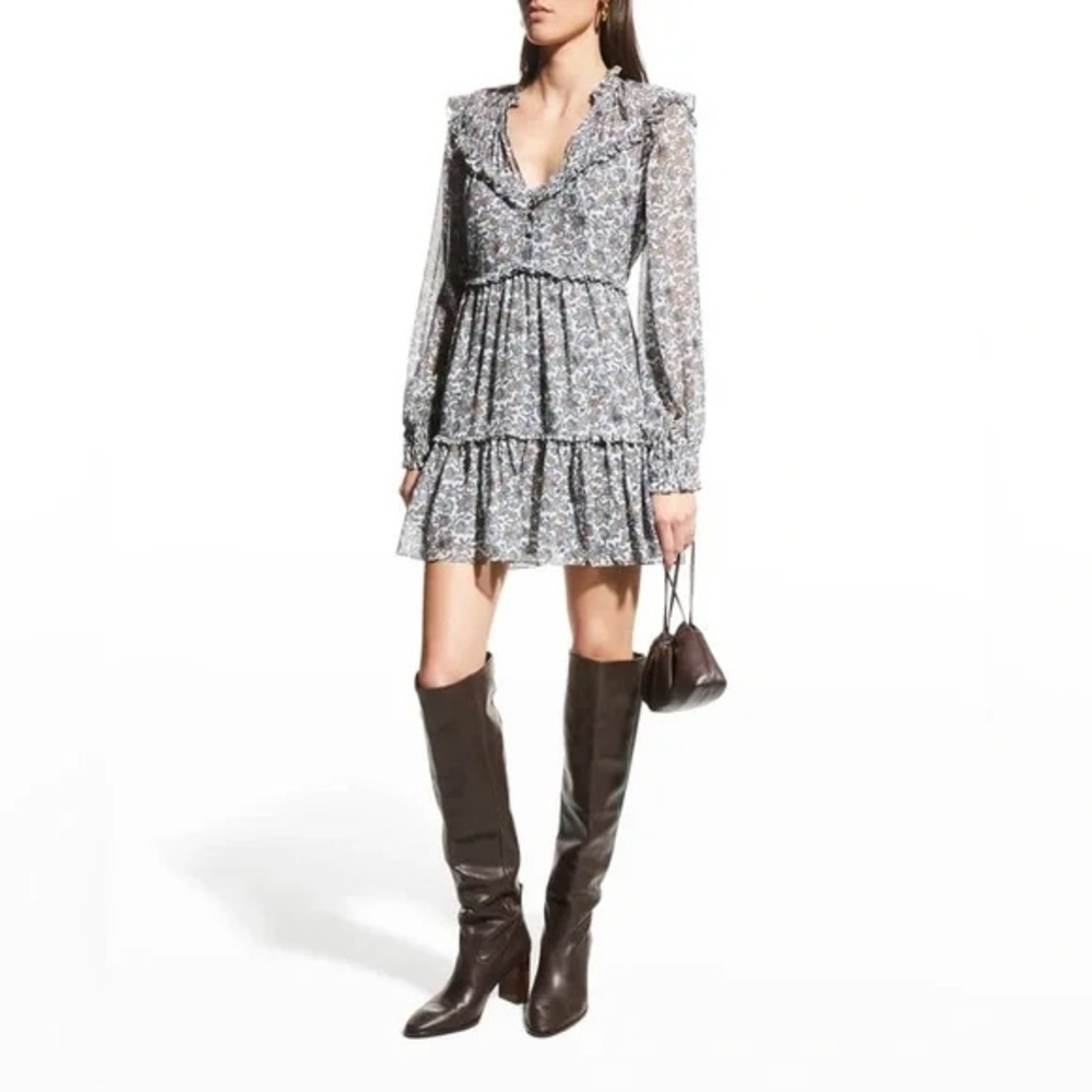 Veronica Beard Savile Floral Silk Long Sleeve Tiered Silhouette Mini Dress